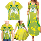 Cricket Australian Family Matching Summer Maxi Dress and Hawaiian Shirt Map Silhouette With Green And Gold Geometric Pattern