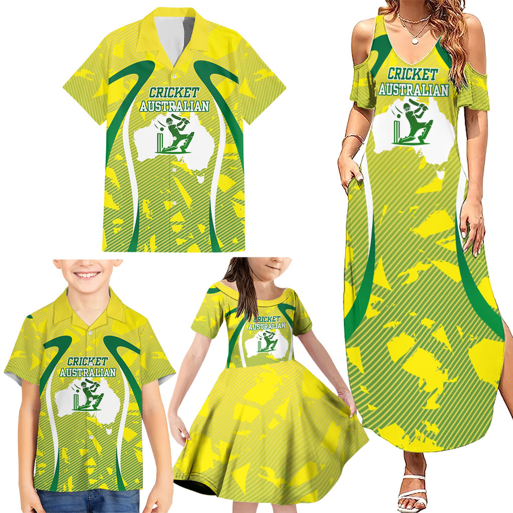 Cricket Australian Family Matching Summer Maxi Dress and Hawaiian Shirt Map Silhouette With Green And Gold Geometric Pattern