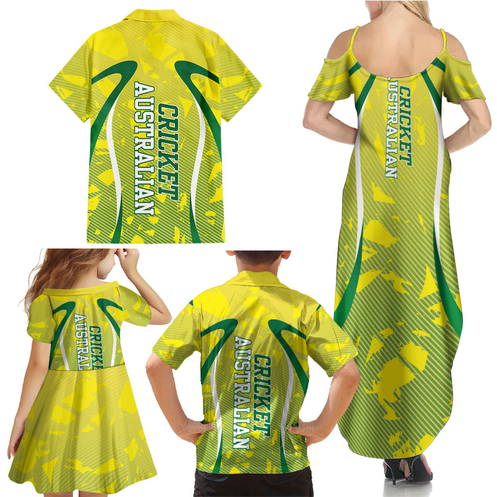 Cricket Australian Family Matching Summer Maxi Dress and Hawaiian Shirt Map Silhouette With Green And Gold Geometric Pattern