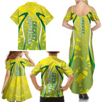 Cricket Australian Family Matching Summer Maxi Dress and Hawaiian Shirt Map Silhouette With Green And Gold Geometric Pattern
