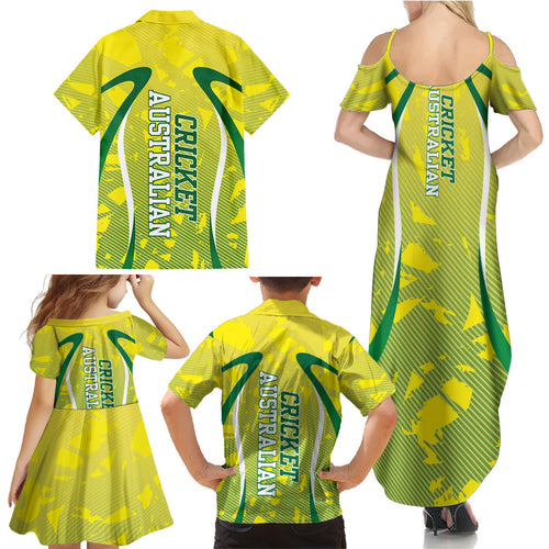 Cricket Australian Family Matching Summer Maxi Dress and Hawaiian Shirt Map Silhouette With Green And Gold Geometric Pattern