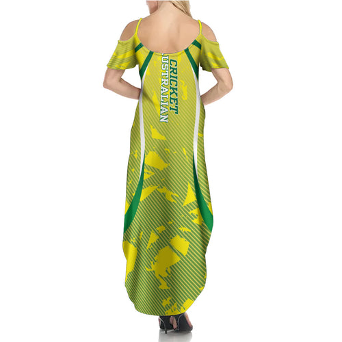 Cricket Australian Family Matching Summer Maxi Dress and Hawaiian Shirt Map Silhouette With Green And Gold Geometric Pattern