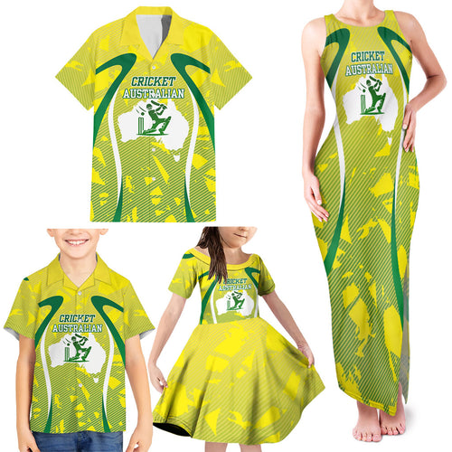Cricket Australian Family Matching Tank Maxi Dress and Hawaiian Shirt Map Silhouette With Green And Gold Geometric Pattern