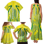 Cricket Australian Family Matching Tank Maxi Dress and Hawaiian Shirt Map Silhouette With Green And Gold Geometric Pattern