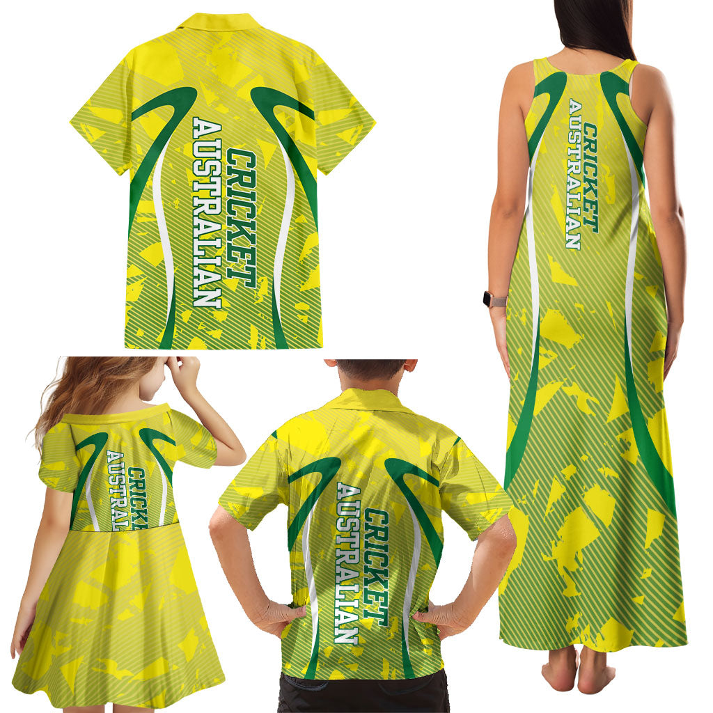 Cricket Australian Family Matching Tank Maxi Dress and Hawaiian Shirt Map Silhouette With Green And Gold Geometric Pattern
