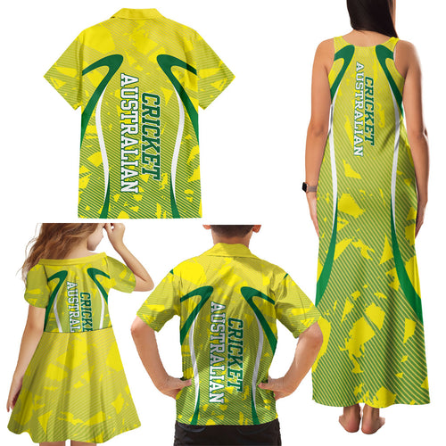Cricket Australian Family Matching Tank Maxi Dress and Hawaiian Shirt Map Silhouette With Green And Gold Geometric Pattern