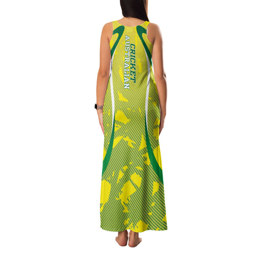 Cricket Australian Family Matching Tank Maxi Dress and Hawaiian Shirt Map Silhouette With Green And Gold Geometric Pattern