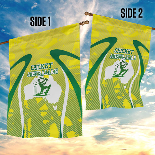Cricket Australian Garden Flag Map Silhouette With Green And Gold Geometric Pattern
