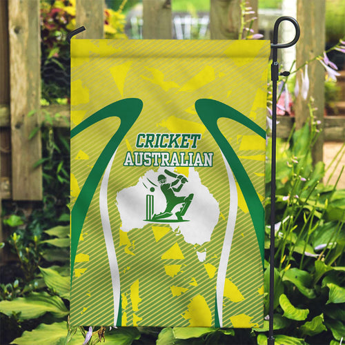 Cricket Australian Garden Flag Map Silhouette With Green And Gold Geometric Pattern