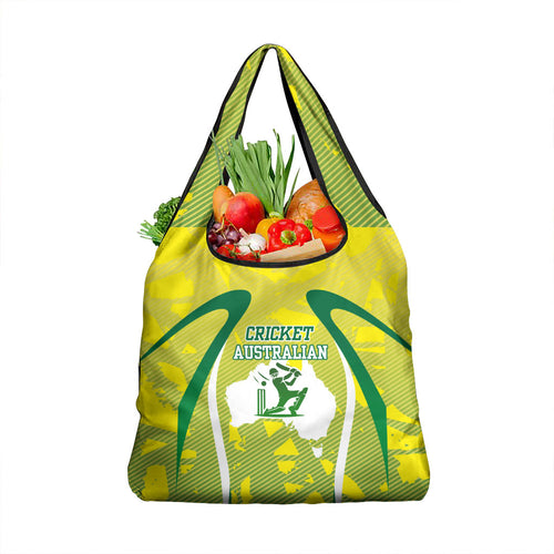 Cricket Australian Grocery Bag Map Silhouette With Green And Gold Geometric Pattern