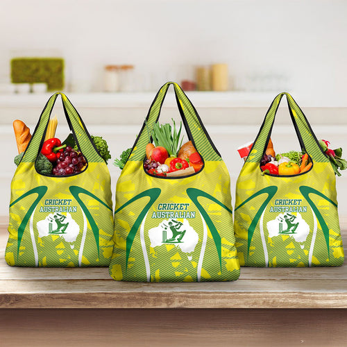 Cricket Australian Grocery Bag Map Silhouette With Green And Gold Geometric Pattern