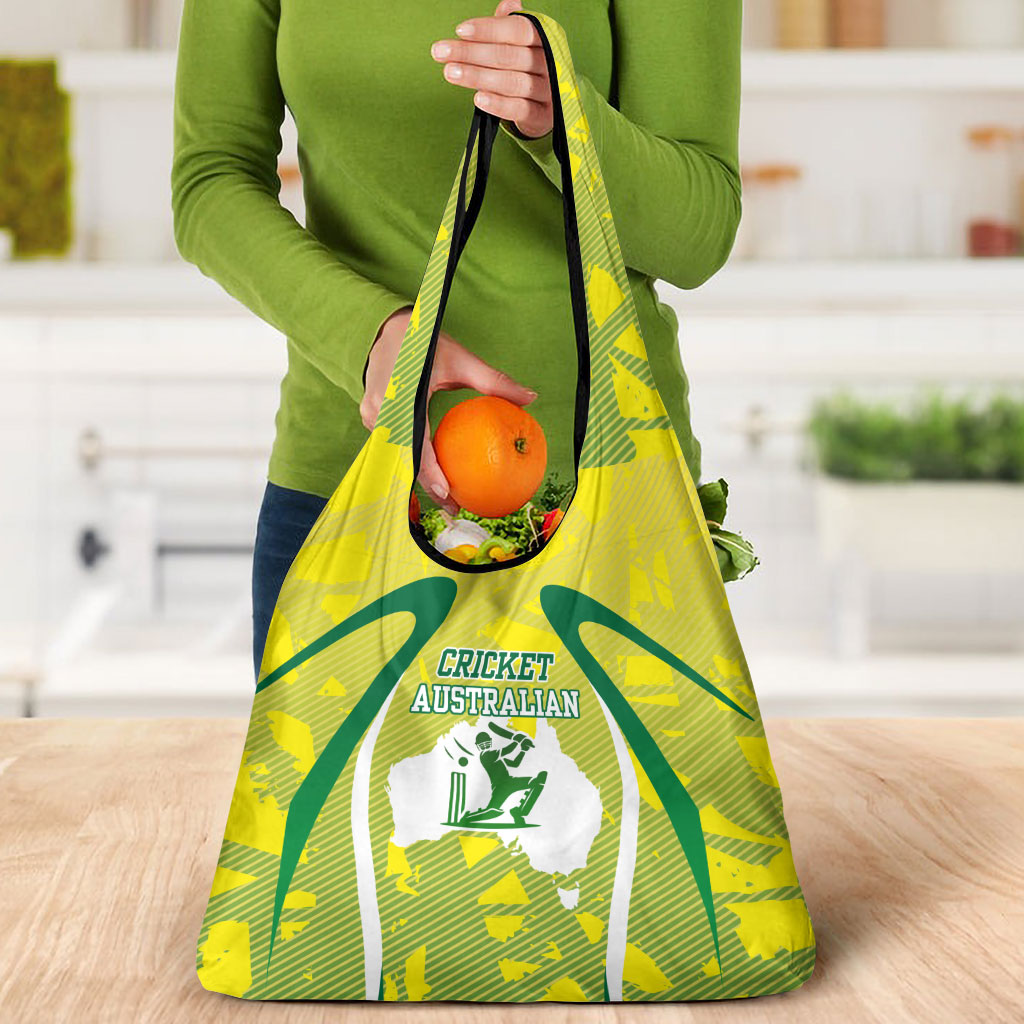 Cricket Australian Grocery Bag Map Silhouette With Green And Gold Geometric Pattern