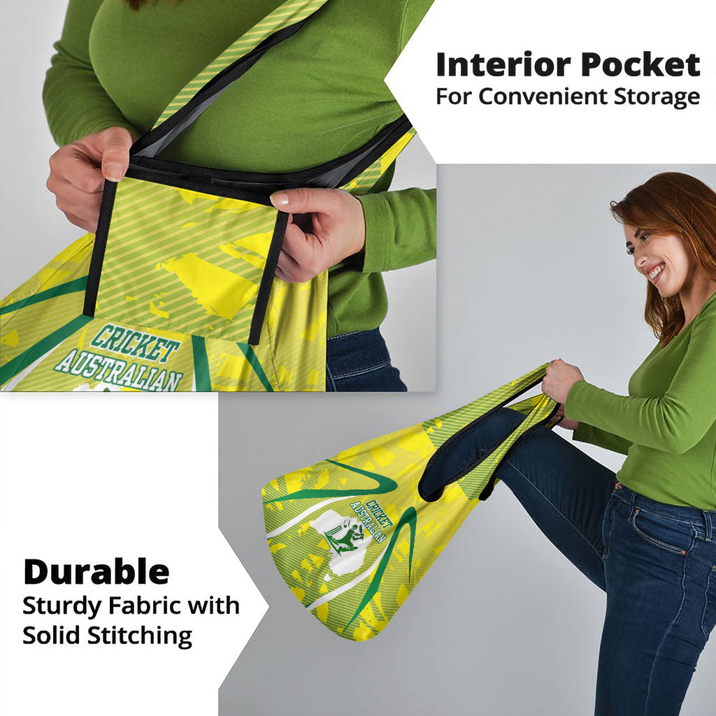 Cricket Australian Grocery Bag Map Silhouette With Green And Gold Geometric Pattern