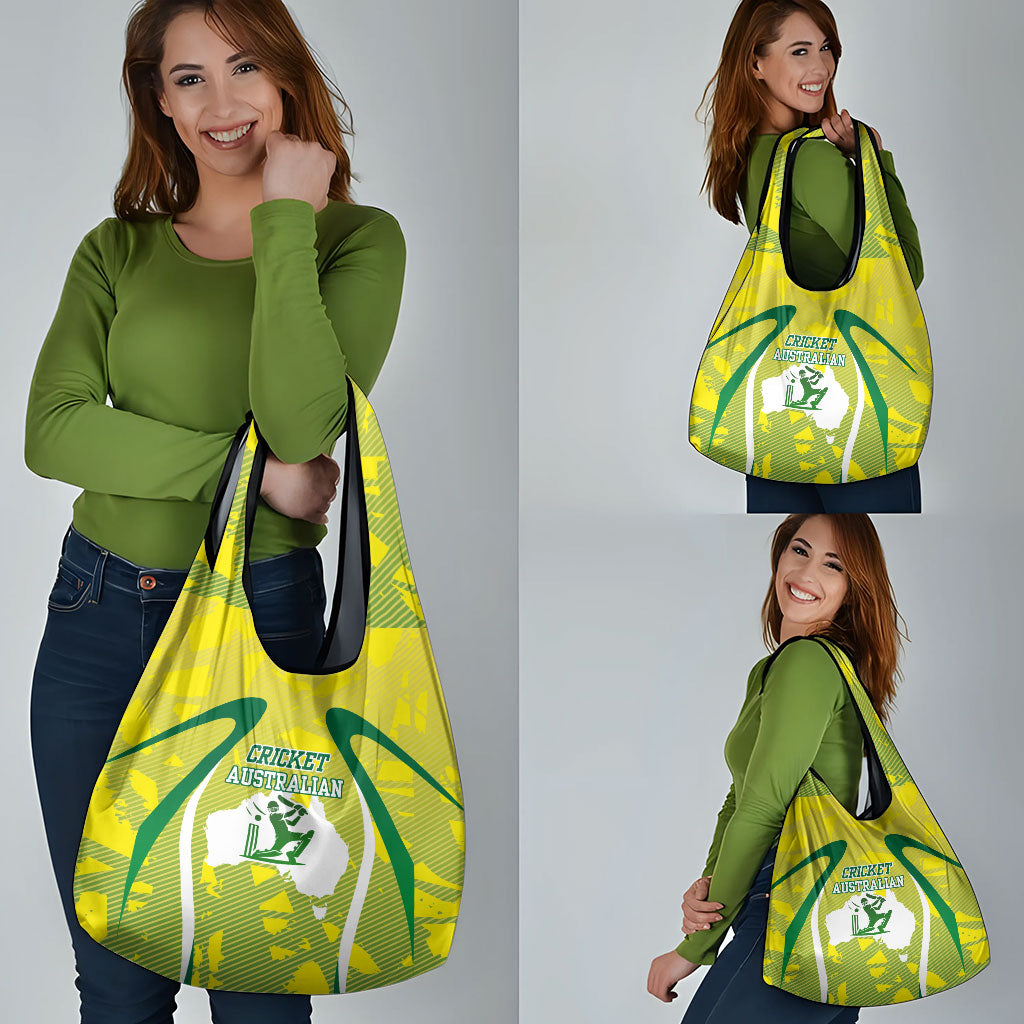 Cricket Australian Grocery Bag Map Silhouette With Green And Gold Geometric Pattern