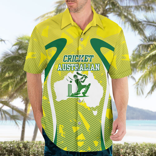 Cricket Australian Hawaiian Shirt Map Silhouette With Green And Gold Geometric Pattern