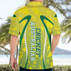 Cricket Australian Hawaiian Shirt Map Silhouette With Green And Gold Geometric Pattern