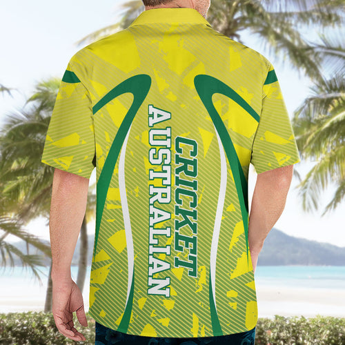 Cricket Australian Hawaiian Shirt Map Silhouette With Green And Gold Geometric Pattern