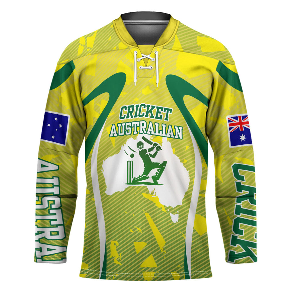 Cricket Australian Hockey Jersey Map Silhouette With Green And Gold Geometric Pattern