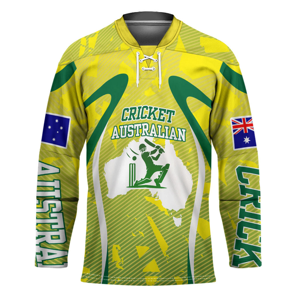 Cricket Australian Hockey Jersey Map Silhouette With Green And Gold Geometric Pattern