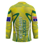 Cricket Australian Hockey Jersey Map Silhouette With Green And Gold Geometric Pattern