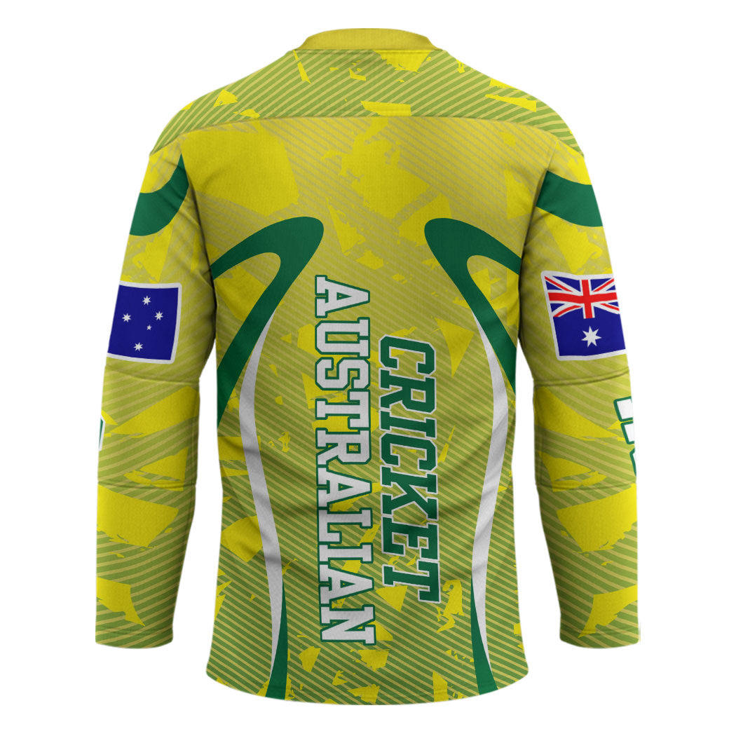 Cricket Australian Hockey Jersey Map Silhouette With Green And Gold Geometric Pattern