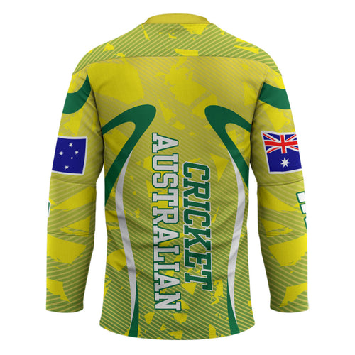 Cricket Australian Hockey Jersey Map Silhouette With Green And Gold Geometric Pattern