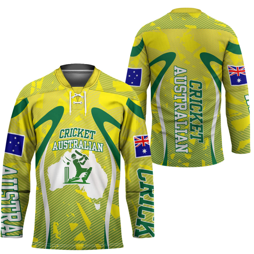 Cricket Australian Hockey Jersey Map Silhouette With Green And Gold Geometric Pattern