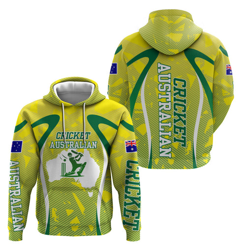 Cricket Australian Hoodie Map Silhouette With Green And Gold Geometric Pattern
