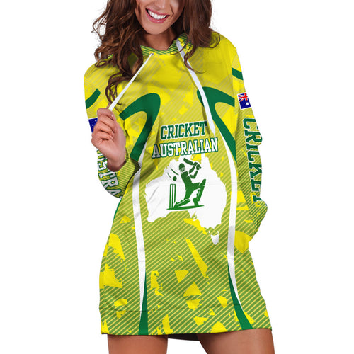 Cricket Australian Hoodie Dress Map Silhouette With Green And Gold Geometric Pattern