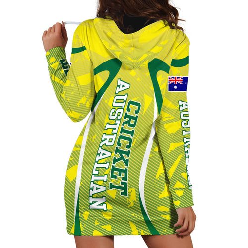 Cricket Australian Hoodie Dress Map Silhouette With Green And Gold Geometric Pattern