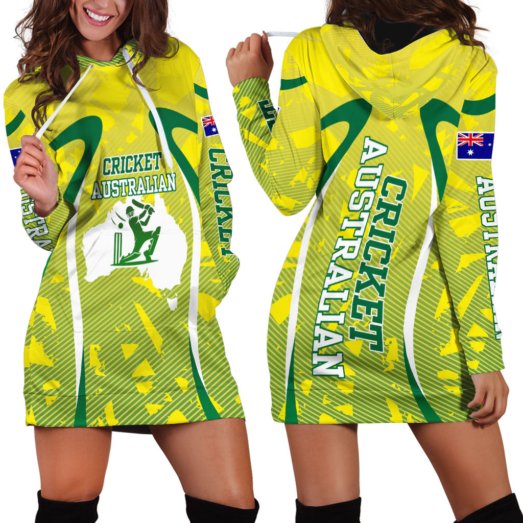 Cricket Australian Hoodie Dress Map Silhouette With Green And Gold Geometric Pattern