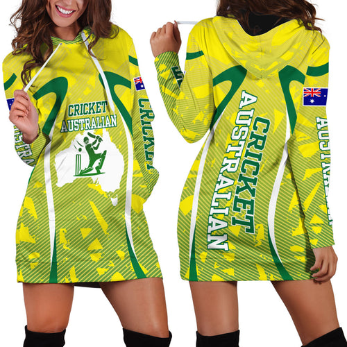 Cricket Australian Hoodie Dress Map Silhouette With Green And Gold Geometric Pattern