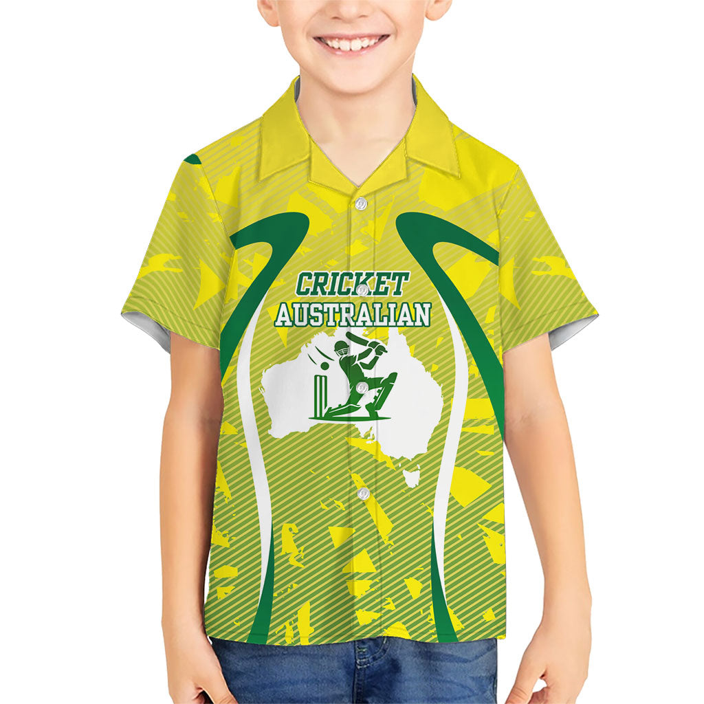Cricket Australian Kid Hawaiian Shirt Map Silhouette With Green And Gold Geometric Pattern
