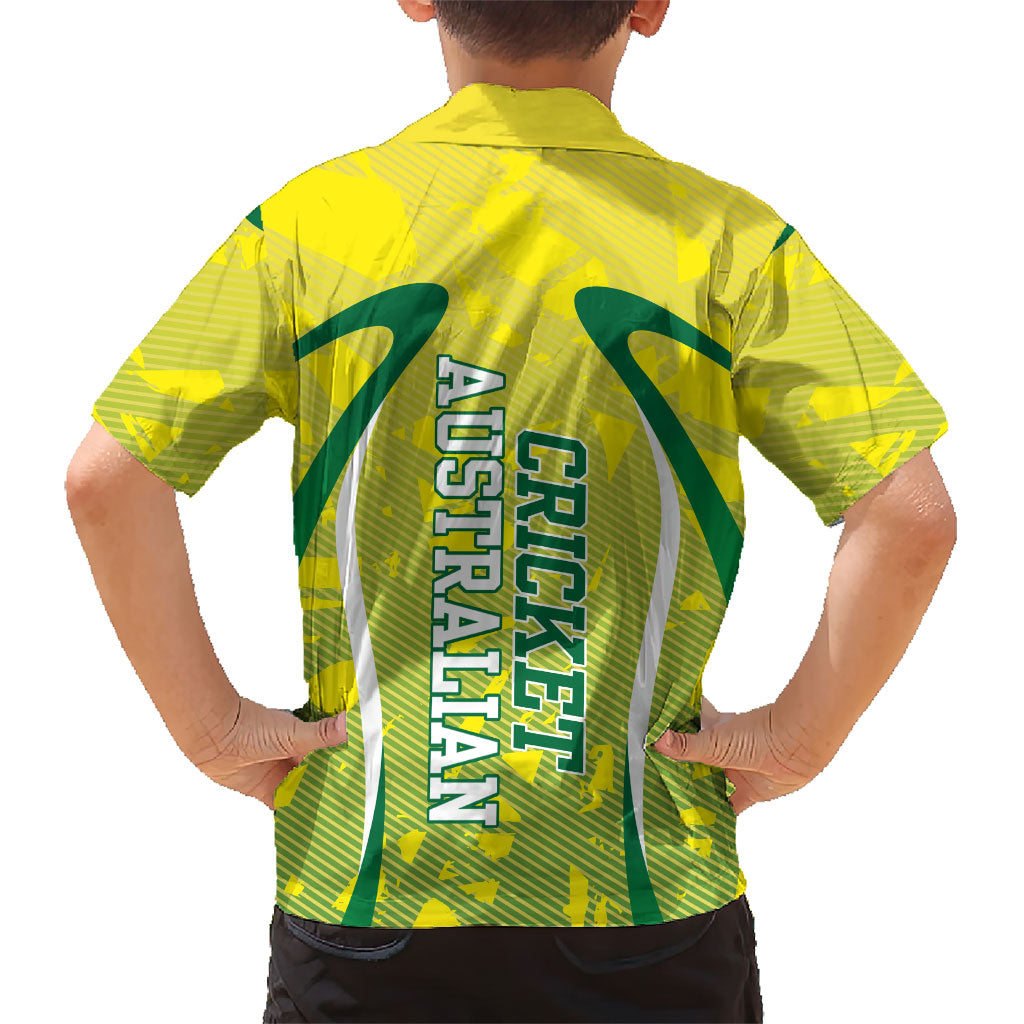 Cricket Australian Kid Hawaiian Shirt Map Silhouette With Green And Gold Geometric Pattern