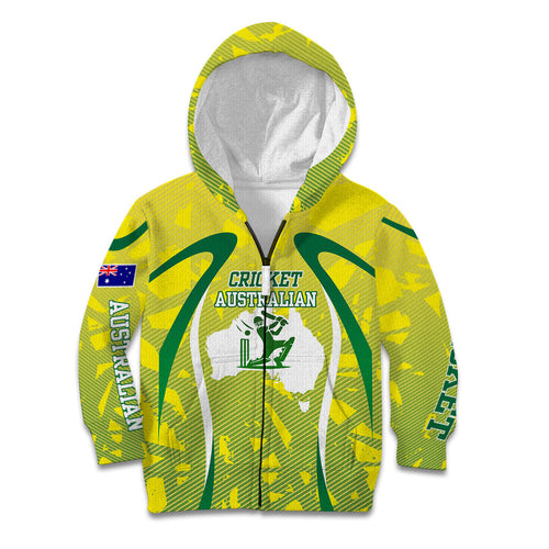 Cricket Australian Kid Hoodie Map Silhouette With Green And Gold Geometric Pattern