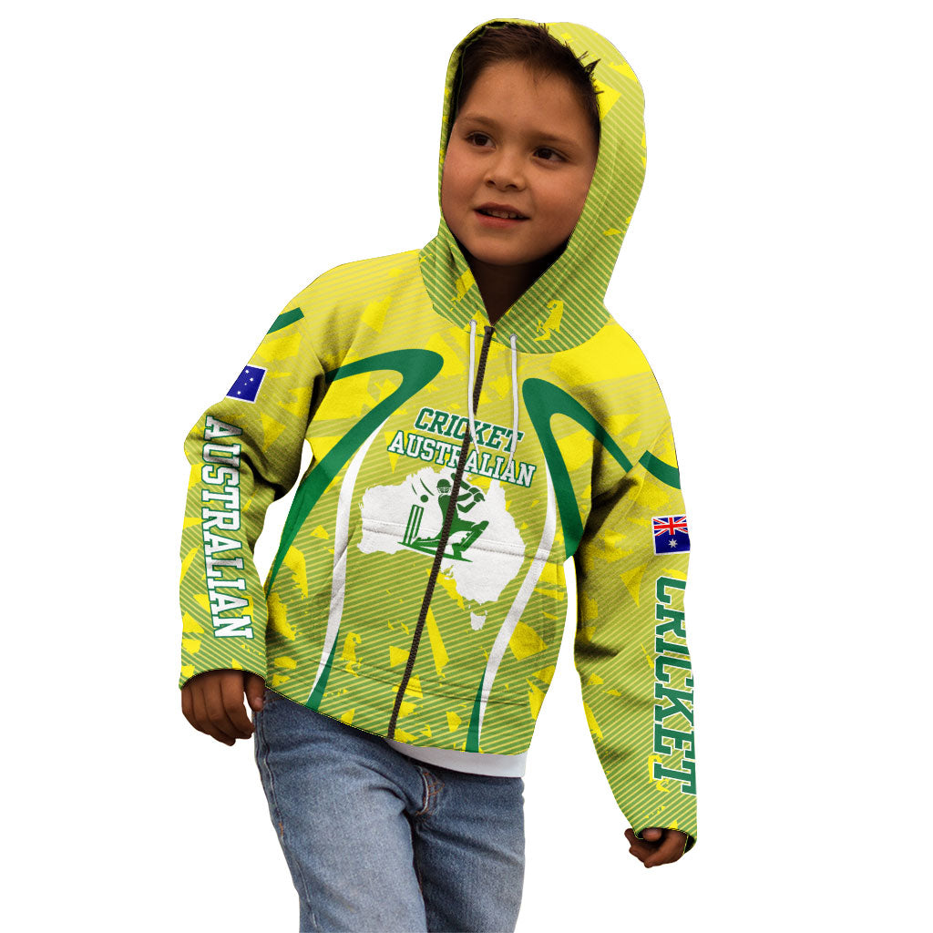Cricket Australian Kid Hoodie Map Silhouette With Green And Gold Geometric Pattern
