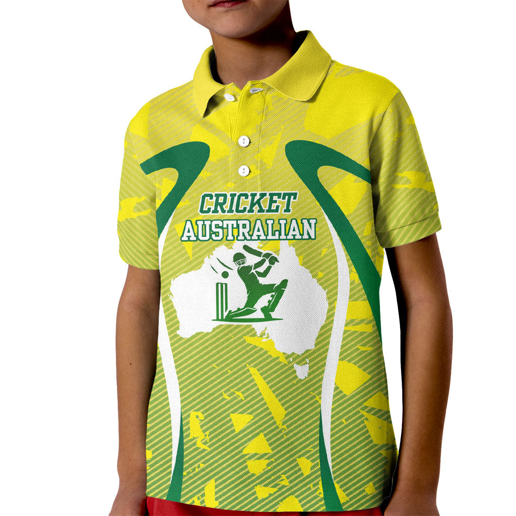 Cricket Australian Kid Polo Shirt Map Silhouette With Green And Gold Geometric Pattern