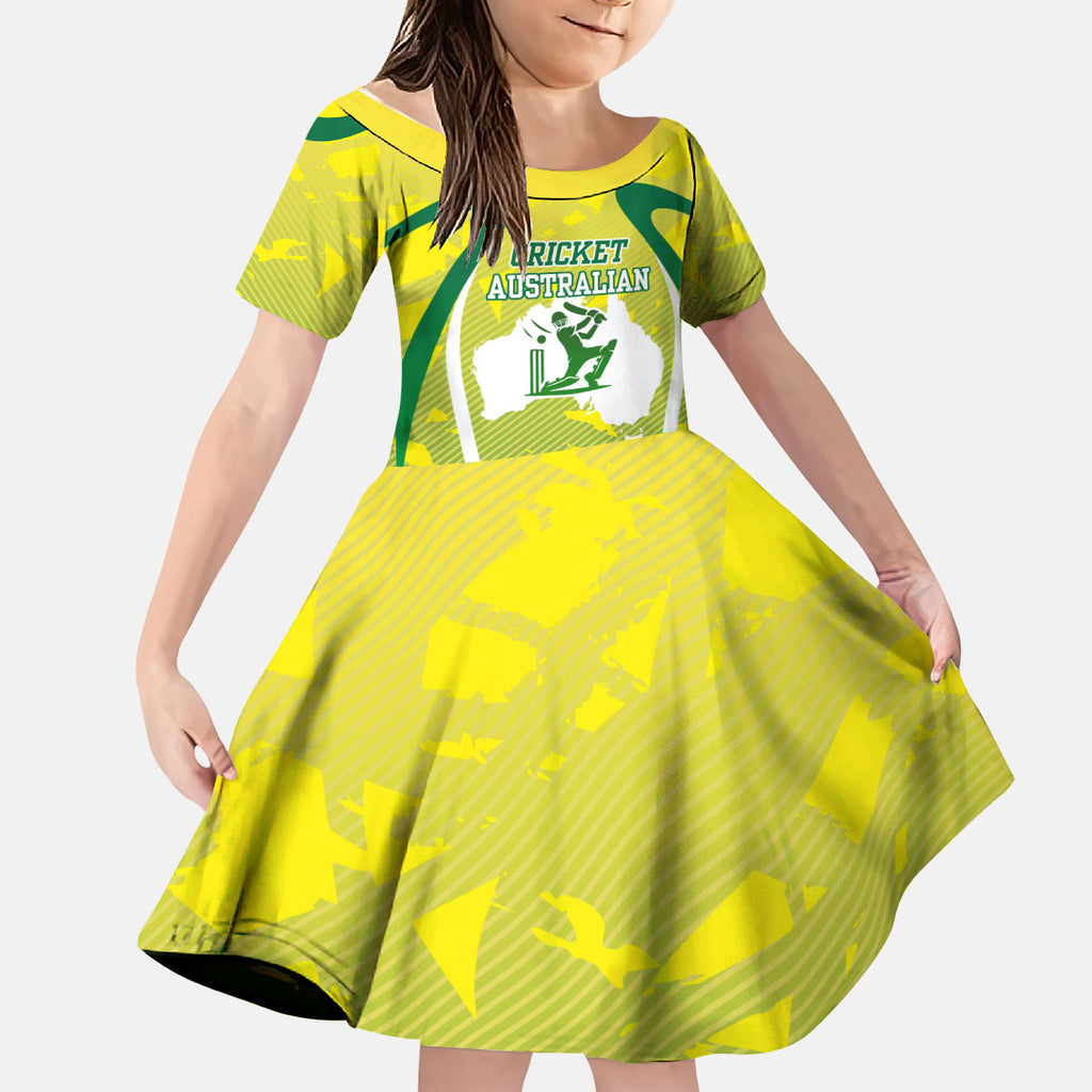 Cricket Australian Kid Short Sleeve Dress Map Silhouette With Green And Gold Geometric Pattern