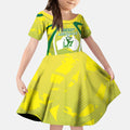 Cricket Australian Kid Short Sleeve Dress Map Silhouette With Green And Gold Geometric Pattern