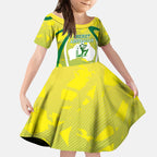 Cricket Australian Kid Short Sleeve Dress Map Silhouette With Green And Gold Geometric Pattern