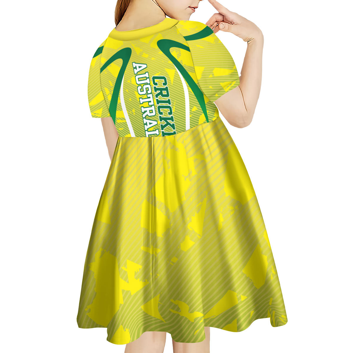 Cricket Australian Kid Short Sleeve Dress Map Silhouette With Green And Gold Geometric Pattern