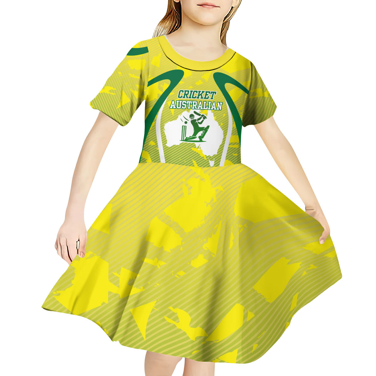 Cricket Australian Kid Short Sleeve Dress Map Silhouette With Green And Gold Geometric Pattern