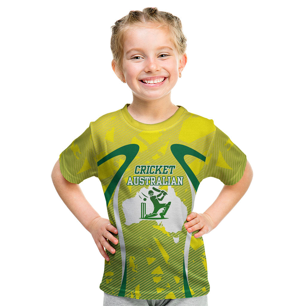 Cricket Australian Kid T Shirt Map Silhouette With Green And Gold Geometric Pattern