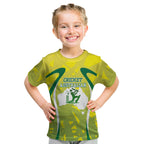 Cricket Australian Kid T Shirt Map Silhouette With Green And Gold Geometric Pattern