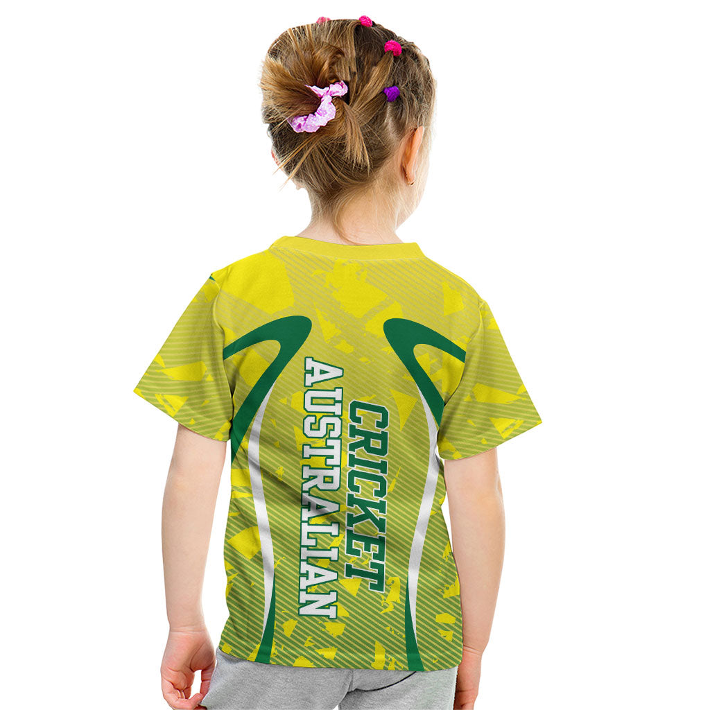 Cricket Australian Kid T Shirt Map Silhouette With Green And Gold Geometric Pattern
