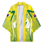 Cricket Australian Kimono Map Silhouette With Green And Gold Geometric Pattern