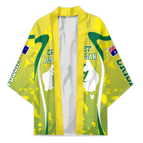 Cricket Australian Kimono Map Silhouette With Green And Gold Geometric Pattern