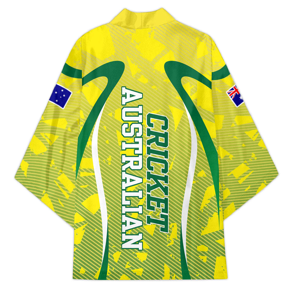 Cricket Australian Kimono Map Silhouette With Green And Gold Geometric Pattern
