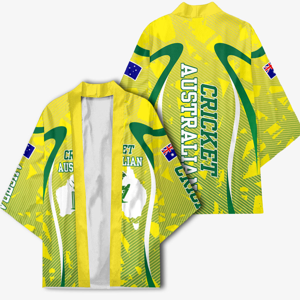 Cricket Australian Kimono Map Silhouette With Green And Gold Geometric Pattern