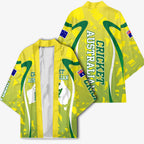 Cricket Australian Kimono Map Silhouette With Green And Gold Geometric Pattern